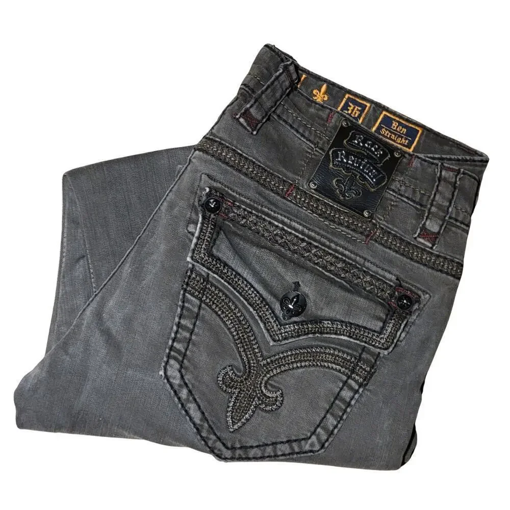 ROCK REVIVAL Gray Ben Straight Leather Detail Jeans Mens 36 Rebel Biker 90's